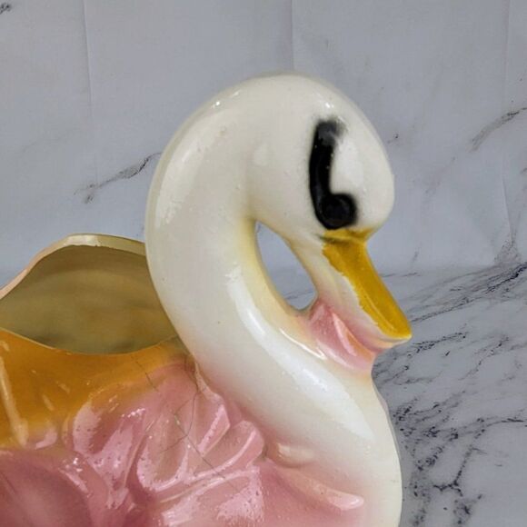 Vintage Swan 12" Ceramic Pottery Planter Decor Pink & Orange Mid-Century Painted - Picture 4 of 7